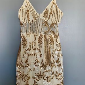gold sheer strappy panel sequin bodycon dress